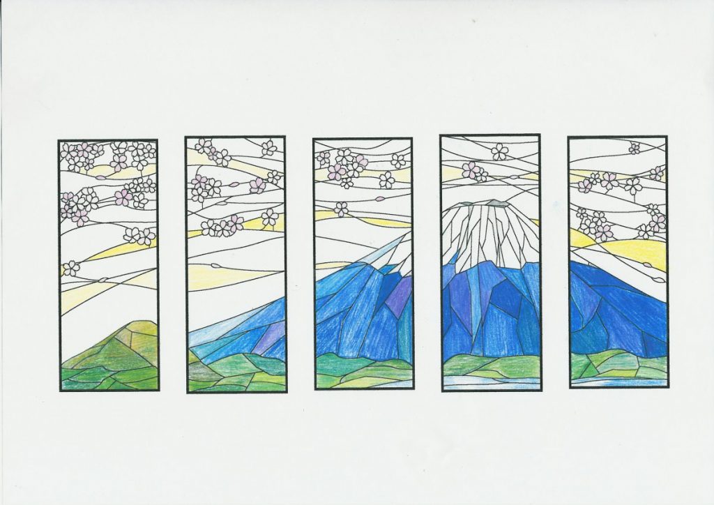 富士山と桜のステンドグラスのデザイン | ステンドグラス工房オクノシオ