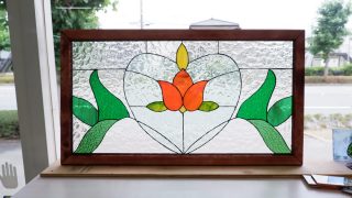 ステンドグラスパネル木台 生徒さんの作品。かぼちゃのステンドグラスパネル(木枠) | ステンド